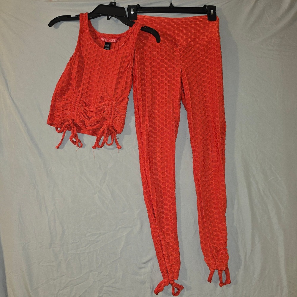 Hot‎ Kiss 2 Piece Set Small Women Orange Honeycomb Texture Ruched Crop Leggings
